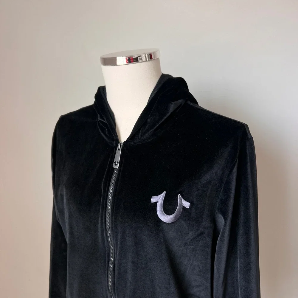 True Religion Mens Black Velour Zip Up Hoodie Horseshoe Velvet Logo‎ Black NWOT